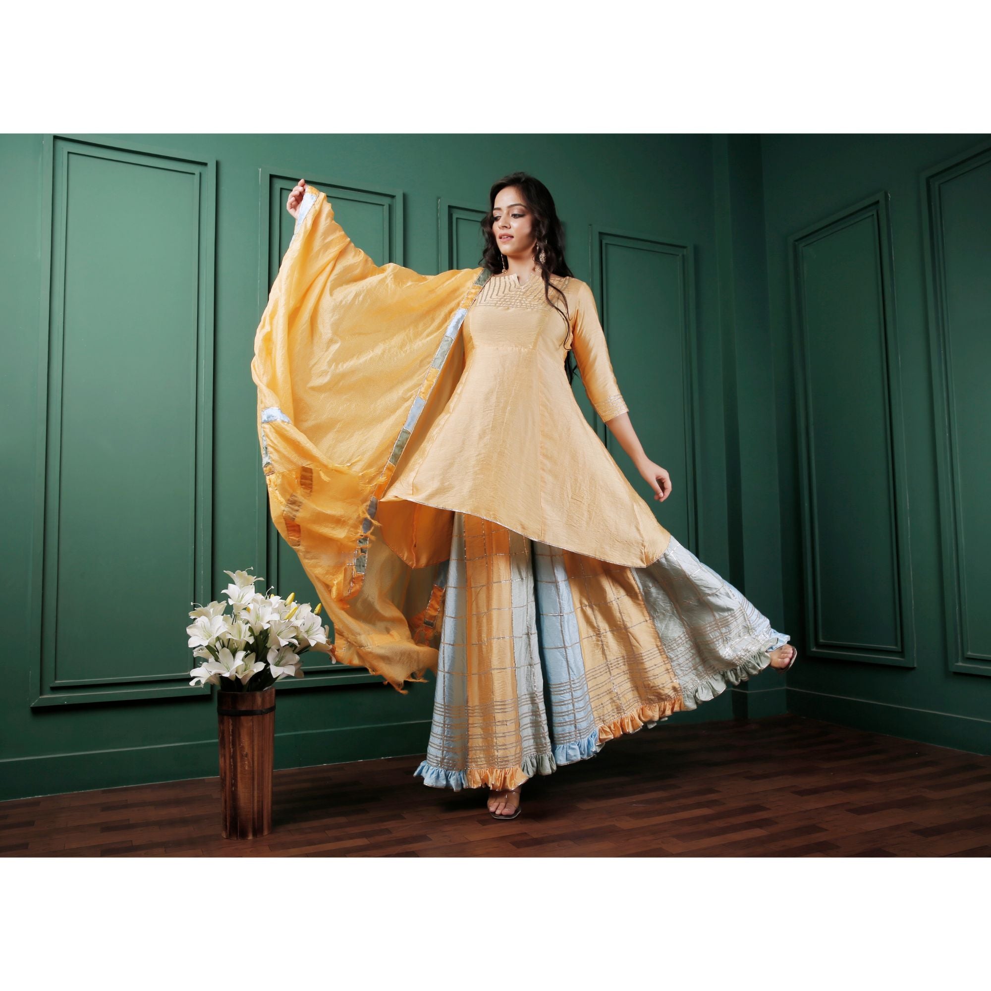 Saadgi Pure Chanderi silk Ritu Kumar inspired Gotta Patti all over work Stitched Sharara Set with pure crape lining and patch ruffled dupatta, chicken, chikan kurti, chikan suit, chikankari kurta for women, chikankari kurta, chikankari kurta set, chikankari short kurti, chikankari suit set, gharara, chikankari suits, hand crafted, lakhnavi kurti, lucknowi chikankari kurti, lucknowi kurti, lucknowi chikankari