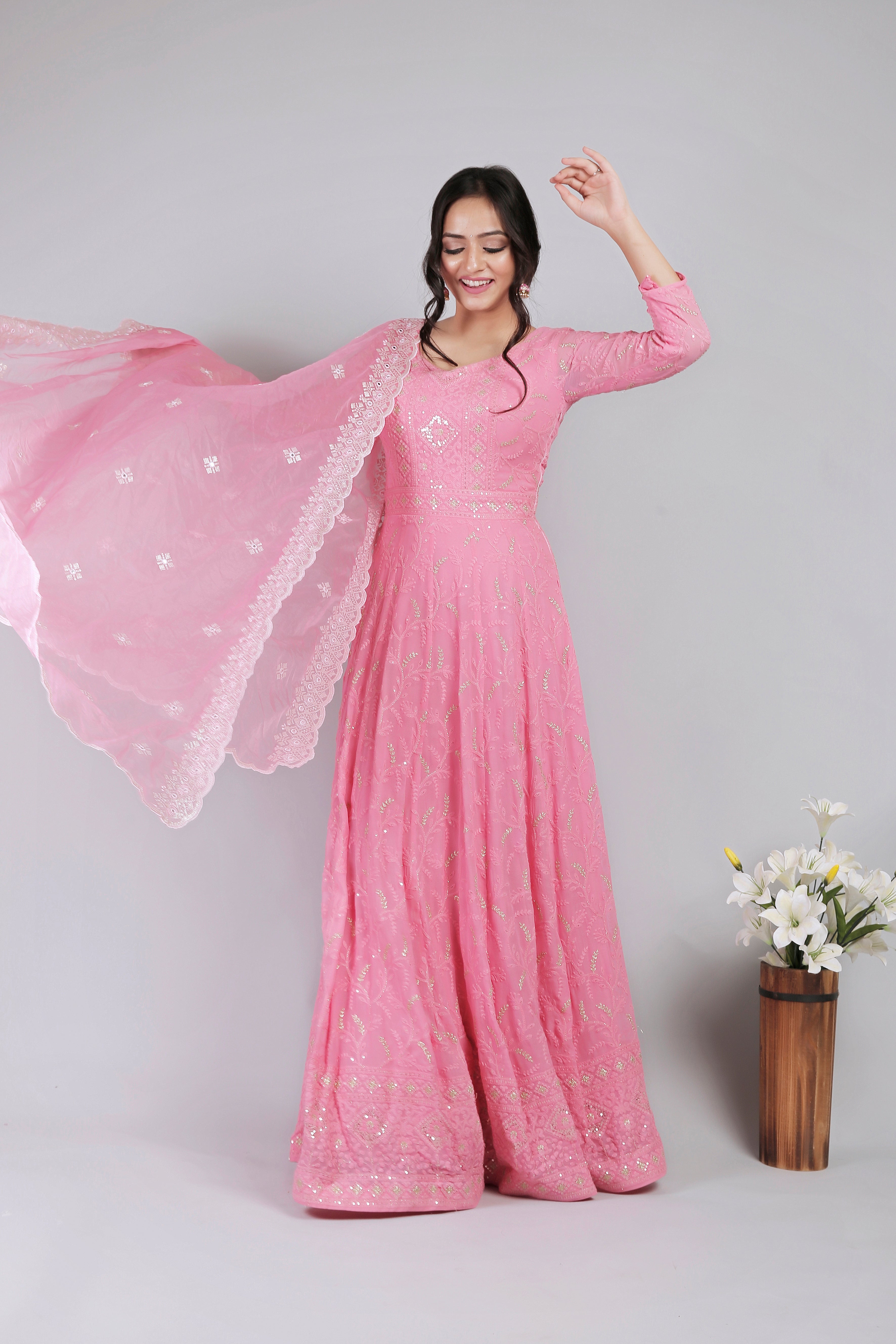 Saadgi Pure Georgette Chikankari with Sequin & Zari work Stitched Anarkali with pure crape lining and dupatta, chicken, chikan kurti, chikan suit, chikankari kurta for women, chikankari kurta, chikankari kurta set, chikankari short kurti, chikankari suit set, gharara, chikankari suits, hand crafted, lakhnavi kurti, lucknowi chikankari kurti, lucknowi kurti, lucknowi chikankari saree