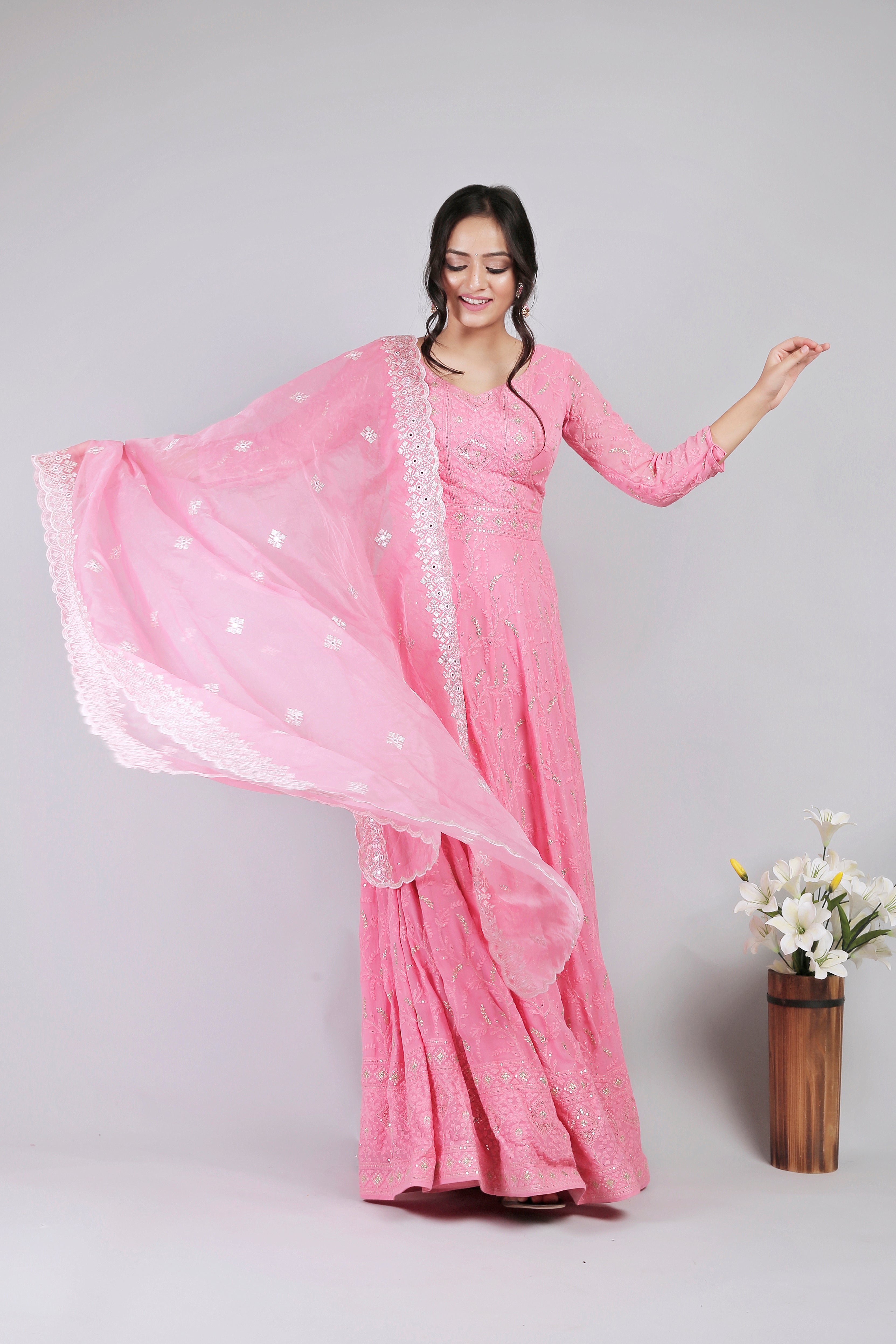 Saadgi Pure Georgette Chikankari with Sequin & Zari work Stitched Anarkali with pure crape lining and dupatta, chicken, chikan kurti, chikan suit, chikankari kurta for women, chikankari kurta, chikankari kurta set, chikankari short kurti, chikankari suit set, gharara, chikankari suits, hand crafted, lakhnavi kurti, lucknowi chikankari kurti, lucknowi kurti, lucknowi chikankari saree