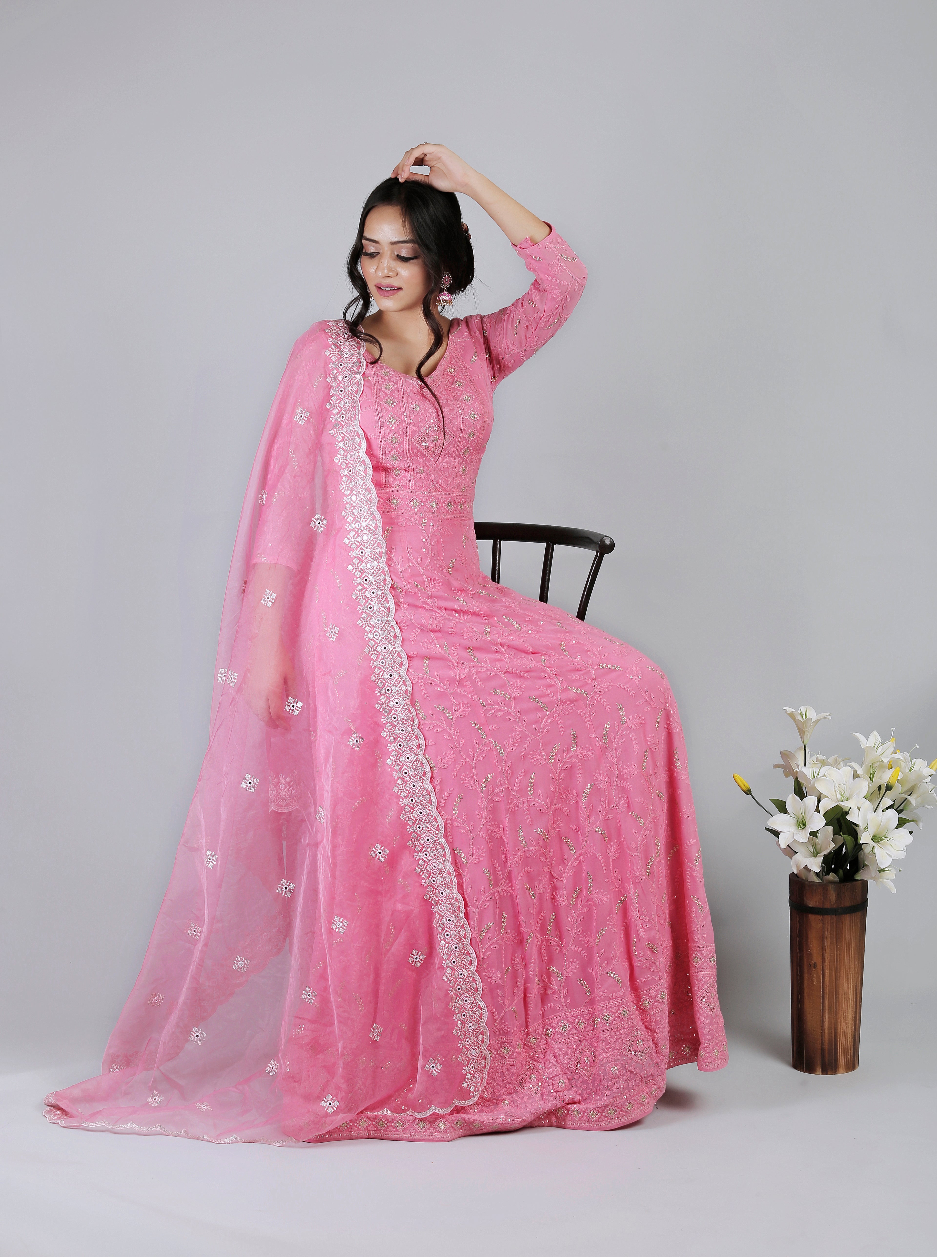 Saadgi Pure Georgette Chikankari with Sequin & Zari work Stitched Anarkali with pure crape lining and dupatta, chicken, chikan kurti, chikan suit, chikankari kurta for women, chikankari kurta, chikankari kurta set, chikankari short kurti, chikankari suit set, gharara, chikankari suits, hand crafted, lakhnavi kurti, lucknowi chikankari kurti, lucknowi kurti, lucknowi chikankari saree