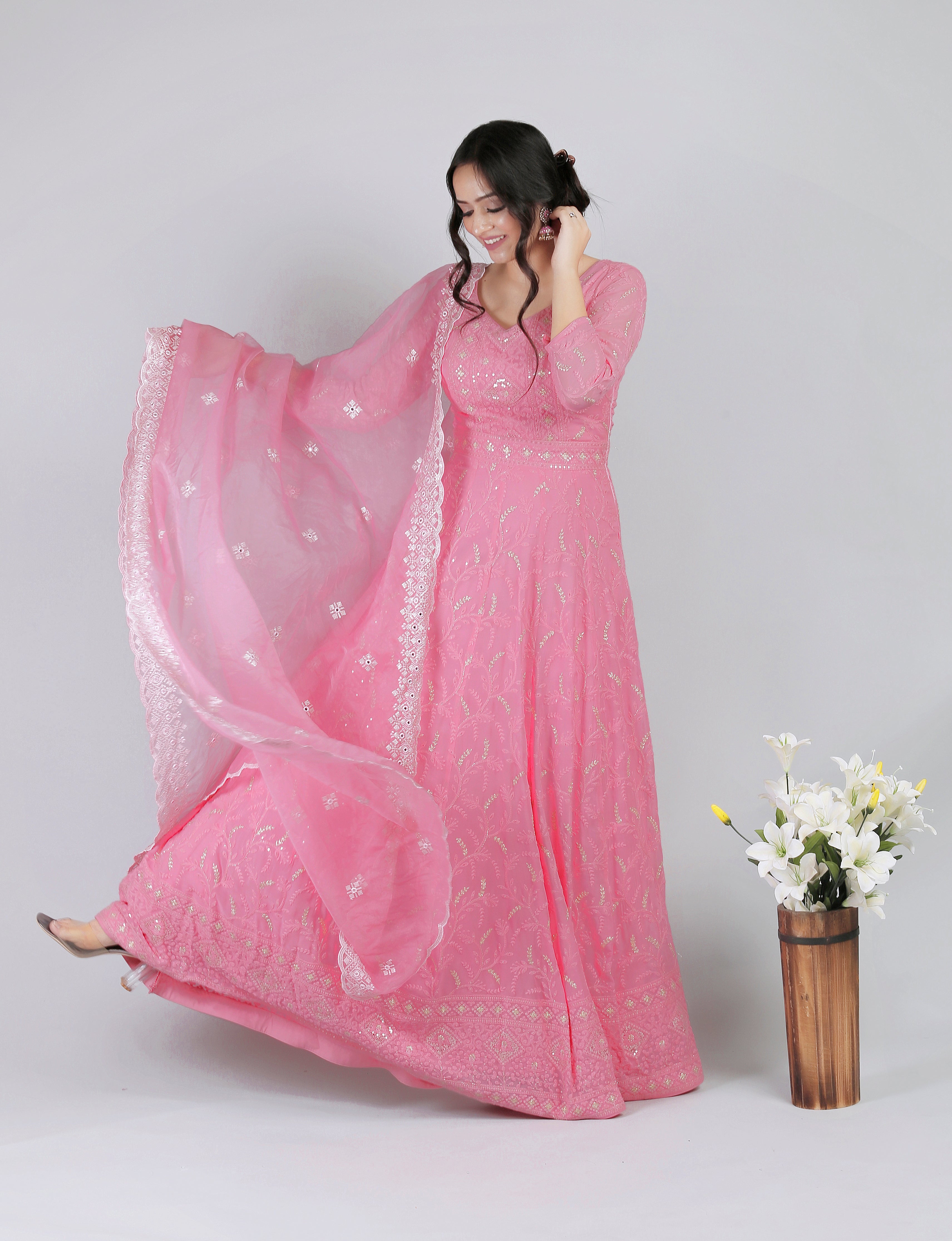 Saadgi Pure Georgette Chikankari with Sequin & Zari work Stitched Anarkali with pure crape lining and dupatta, chicken, chikan kurti, chikan suit, chikankari kurta for women, chikankari kurta, chikankari kurta set, chikankari short kurti, chikankari suit set, gharara, chikankari suits, hand crafted, lakhnavi kurti, lucknowi chikankari kurti, lucknowi kurti, lucknowi chikankari saree