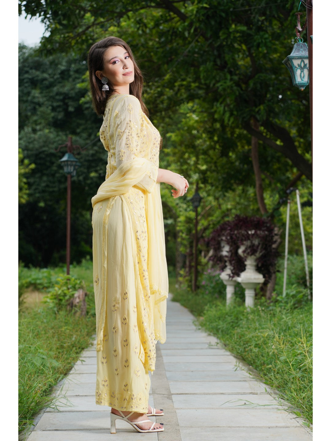Saadgi hand embroidered chikankari Gotta Patti Lemon premium suit set with dupatta(set of 3)