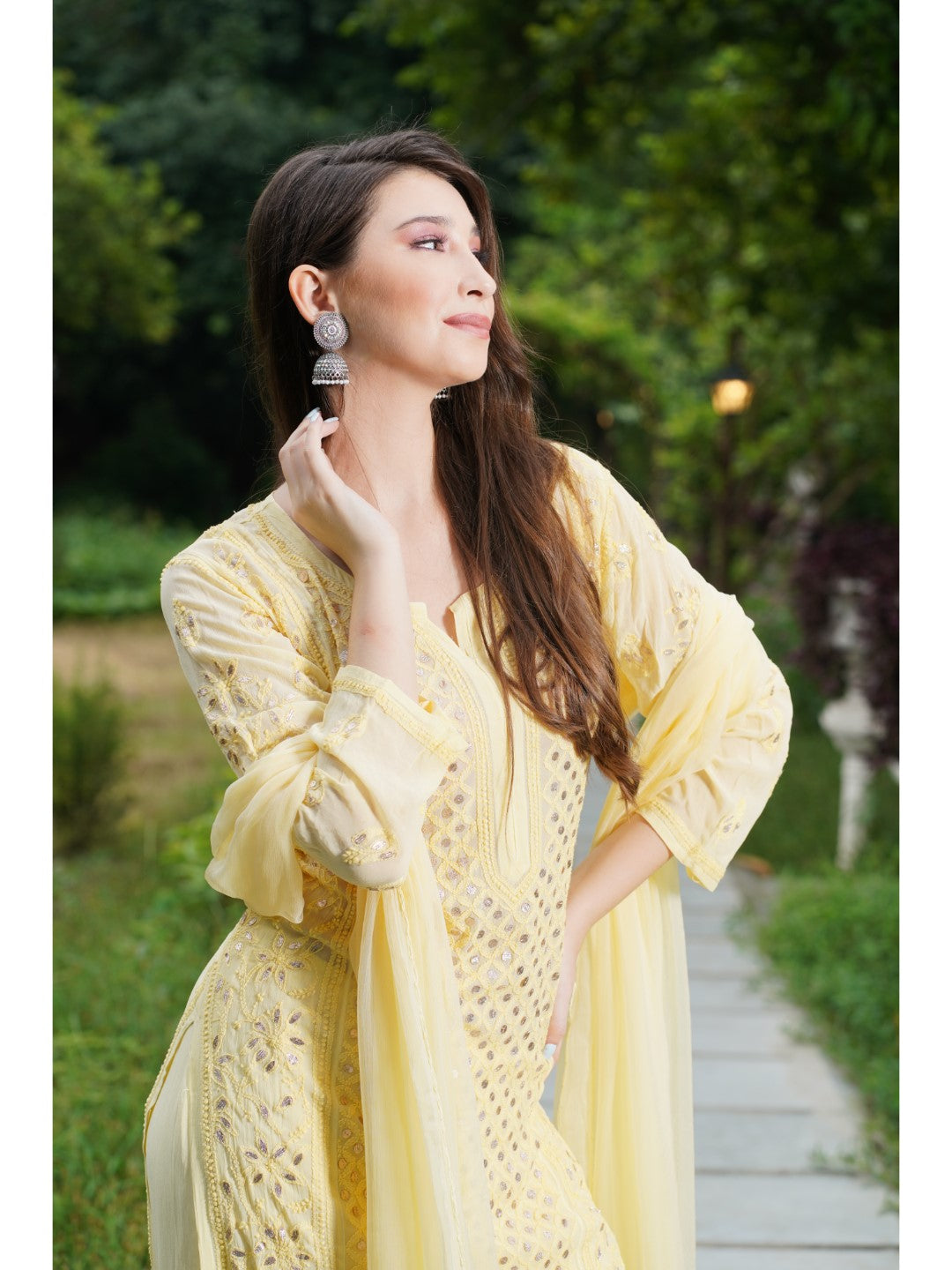 Saadgi hand embroidered chikankari Gotta Patti Lemon premium suit set with dupatta(set of 3)