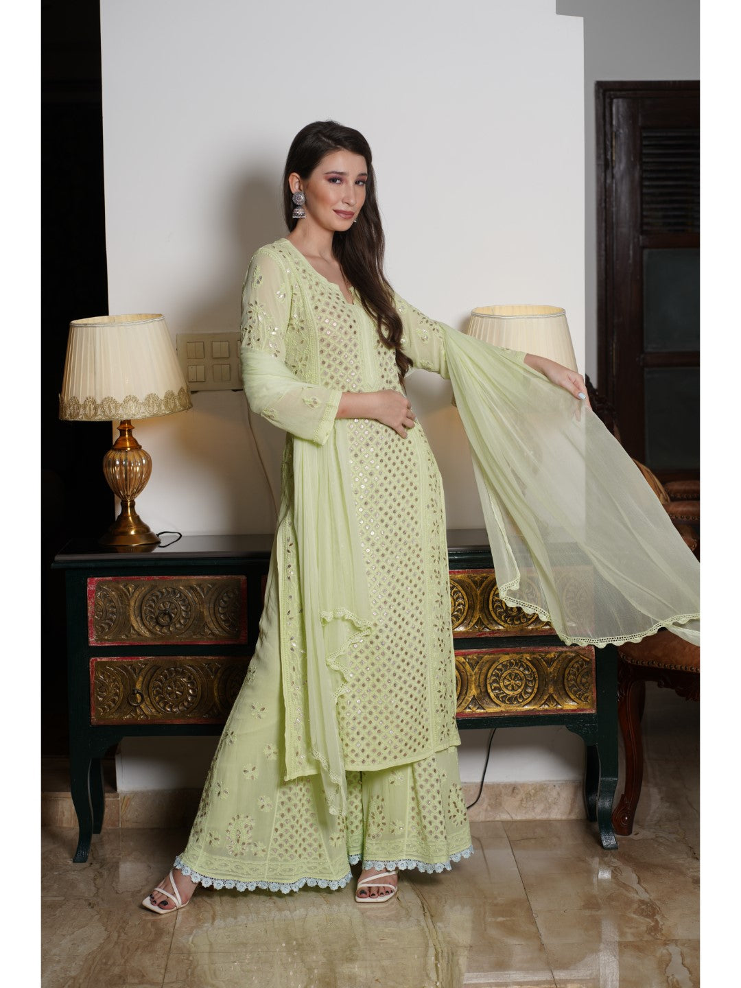 Saadgi hand embroidered chikankari Gotta Patti Light Green premium suit set with dupatta(set of 3)