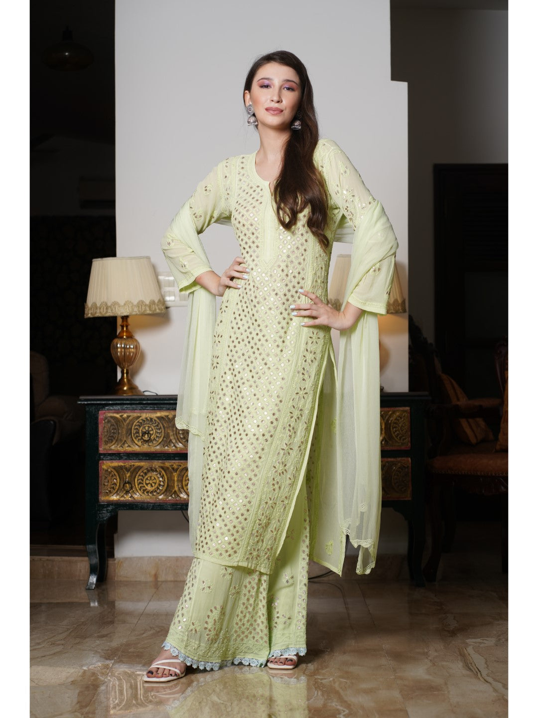 Saadgi hand embroidered chikankari Gotta Patti Light Green premium suit set with dupatta(set of 3)