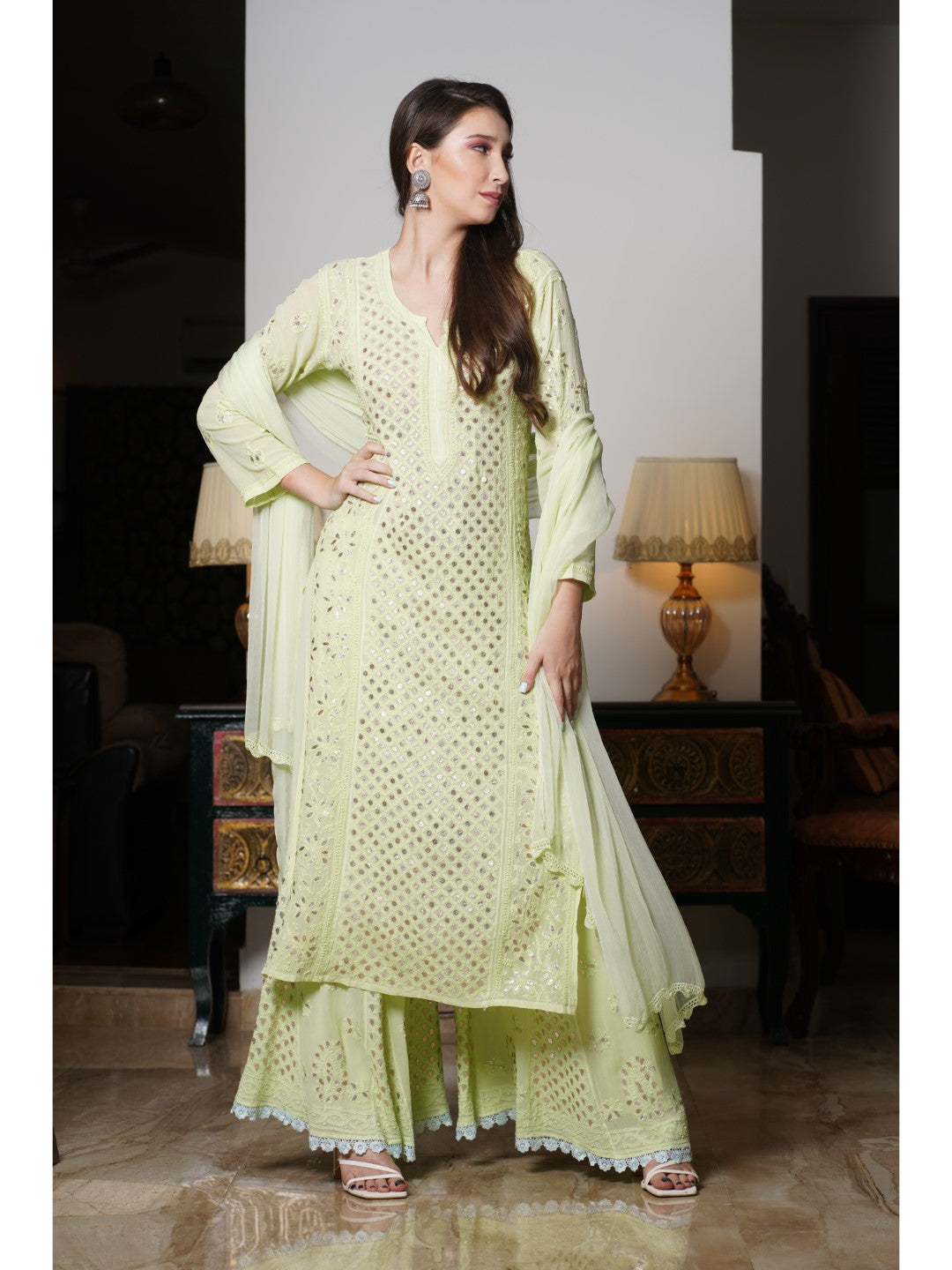 Saadgi hand embroidered chikankari Gotta Patti Light Green premium suit set with dupatta(set of 3)