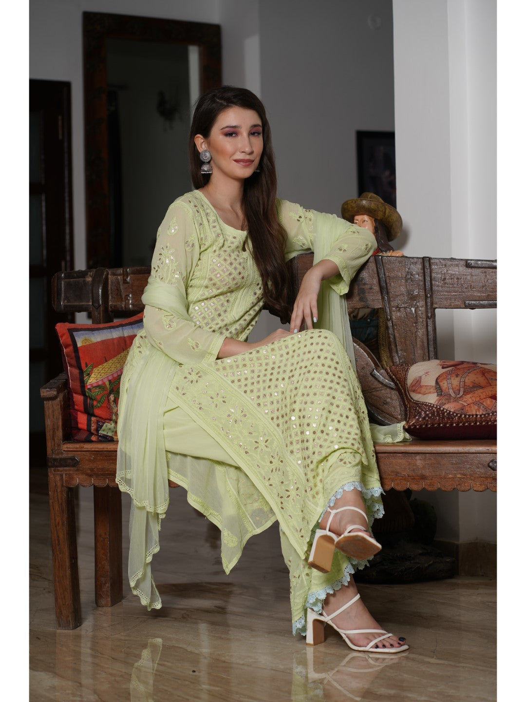 Saadgi hand embroidered chikankari Gotta Patti Light Green premium suit set with dupatta(set of 3)