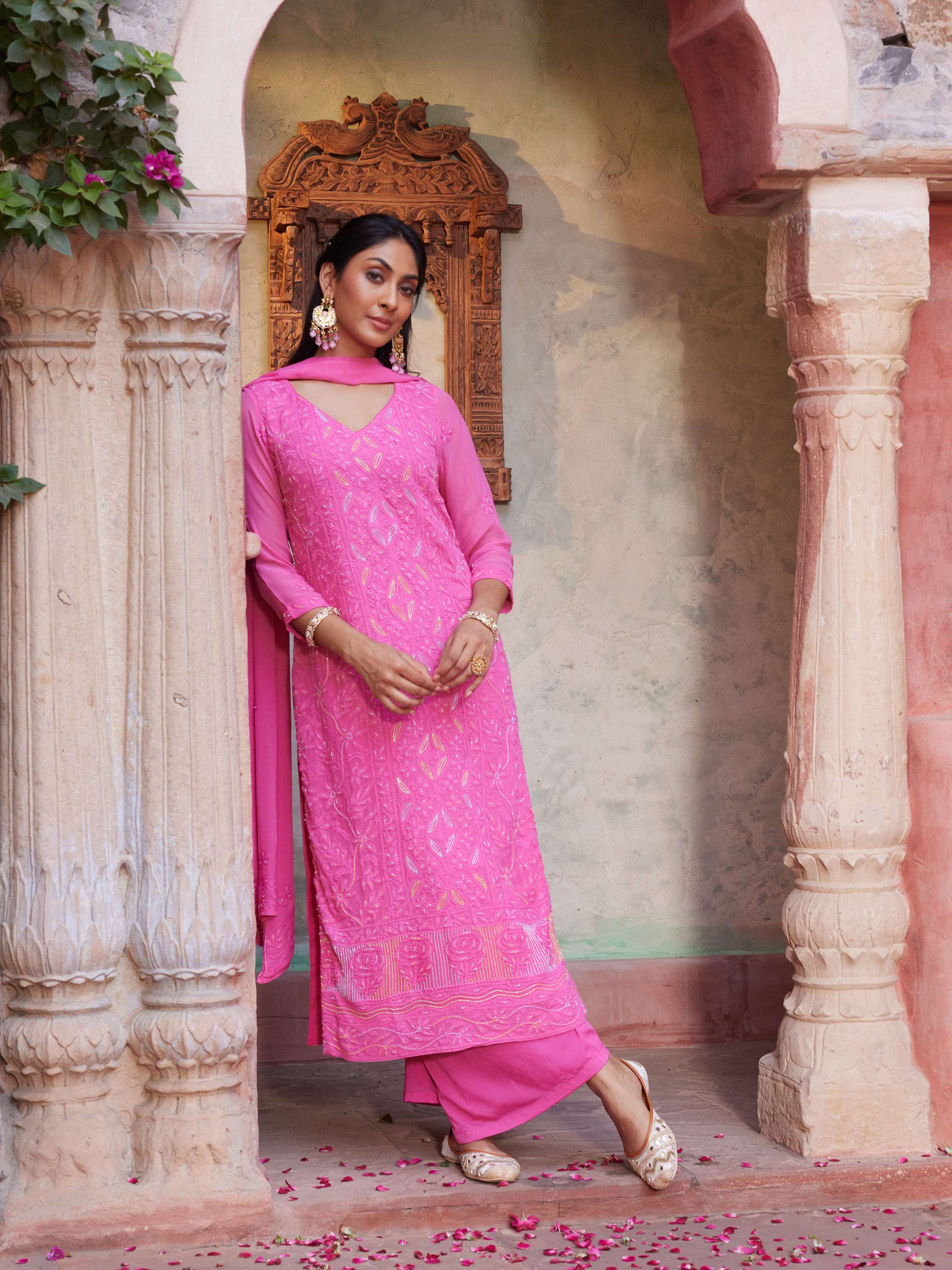 Deep Pink Cut Dana Pearl Work Hanmade Chikankari Suit