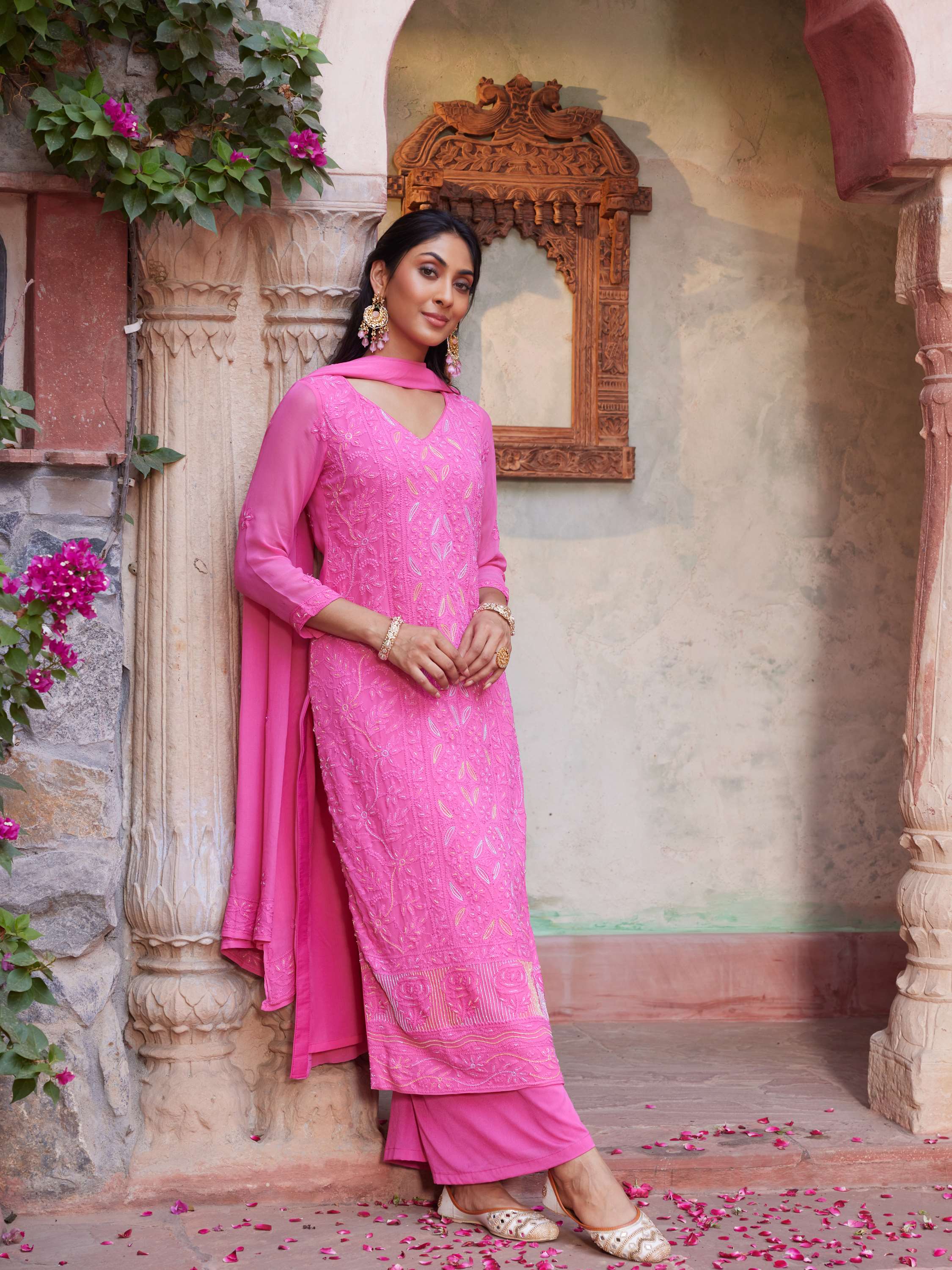 Deep Pink Cut Dana Pearl Work Hanmade Chikankari Suit