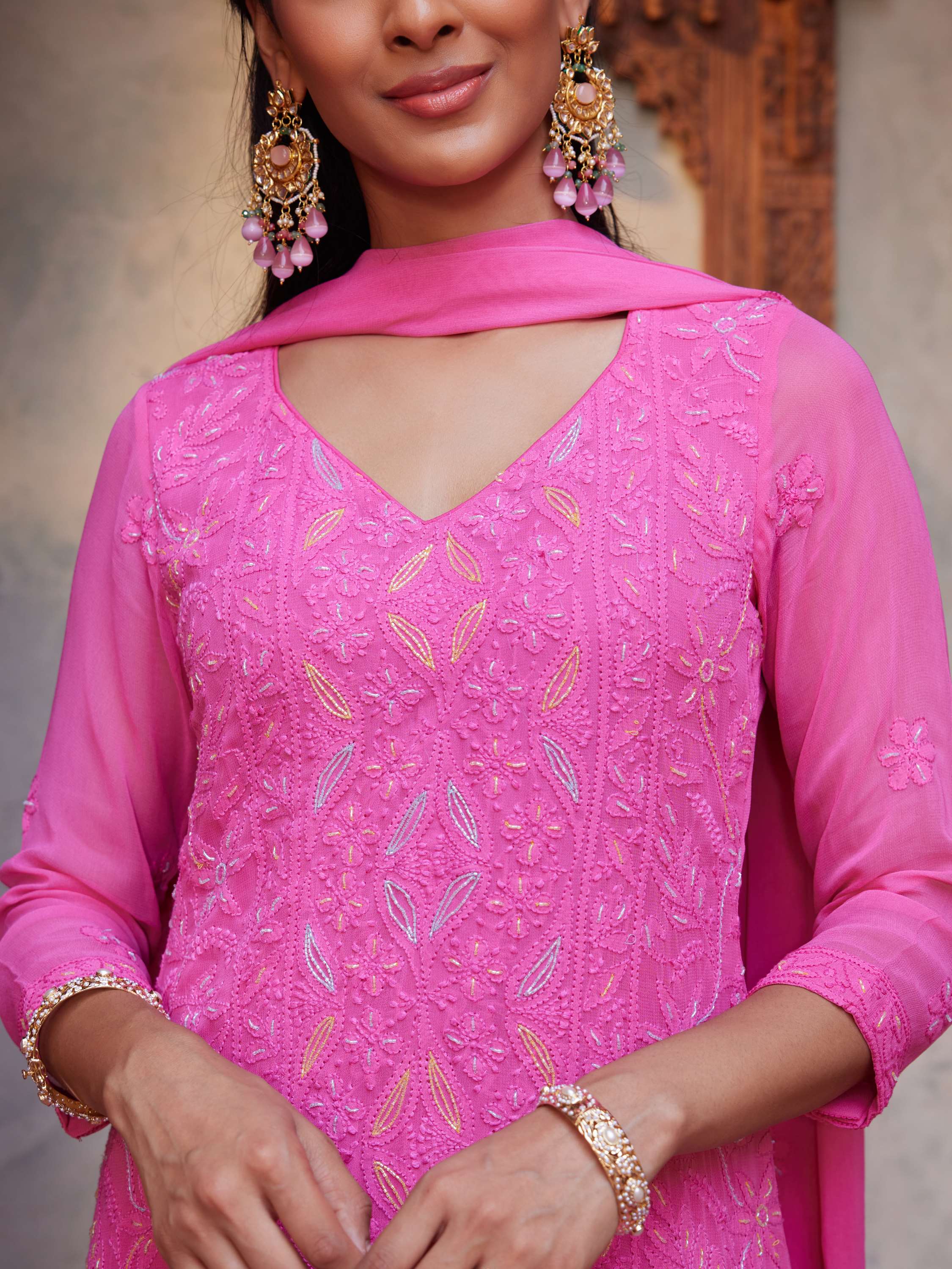 Deep Pink Cut Dana Pearl Work Hanmade Chikankari Suit
