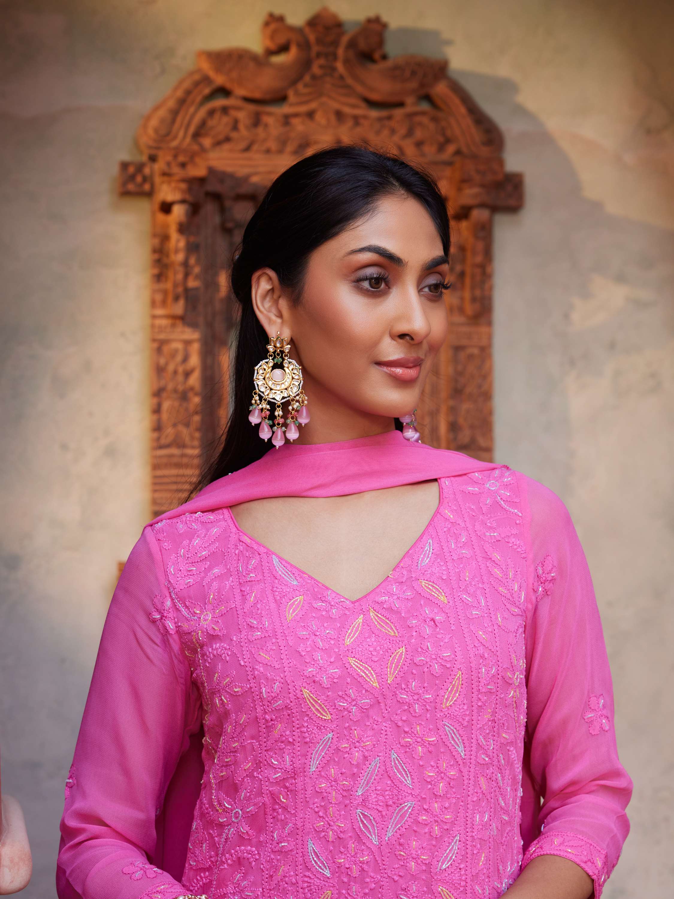 Deep Pink Cut Dana Pearl Work Hanmade Chikankari Suit
