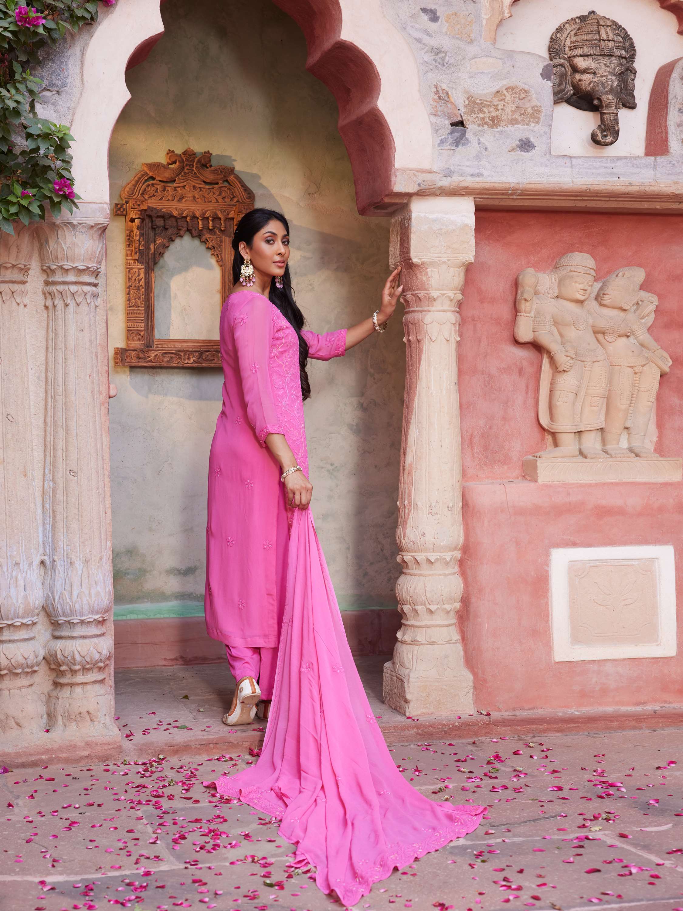 Deep Pink Cut Dana Pearl Work Hanmade Chikankari Suit