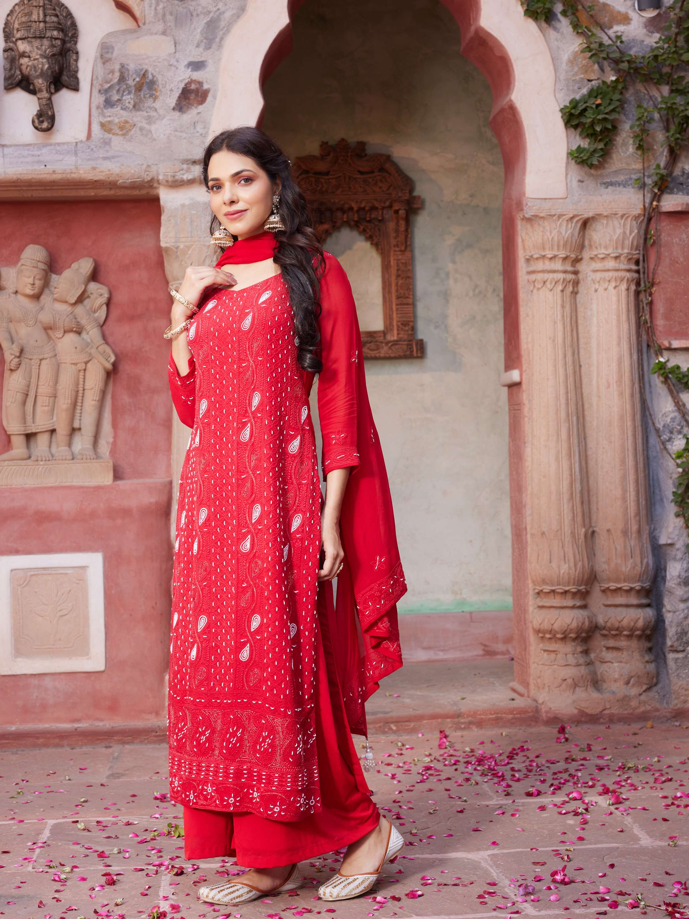Candy Red Handcrafted Chikankari Pearl Suit