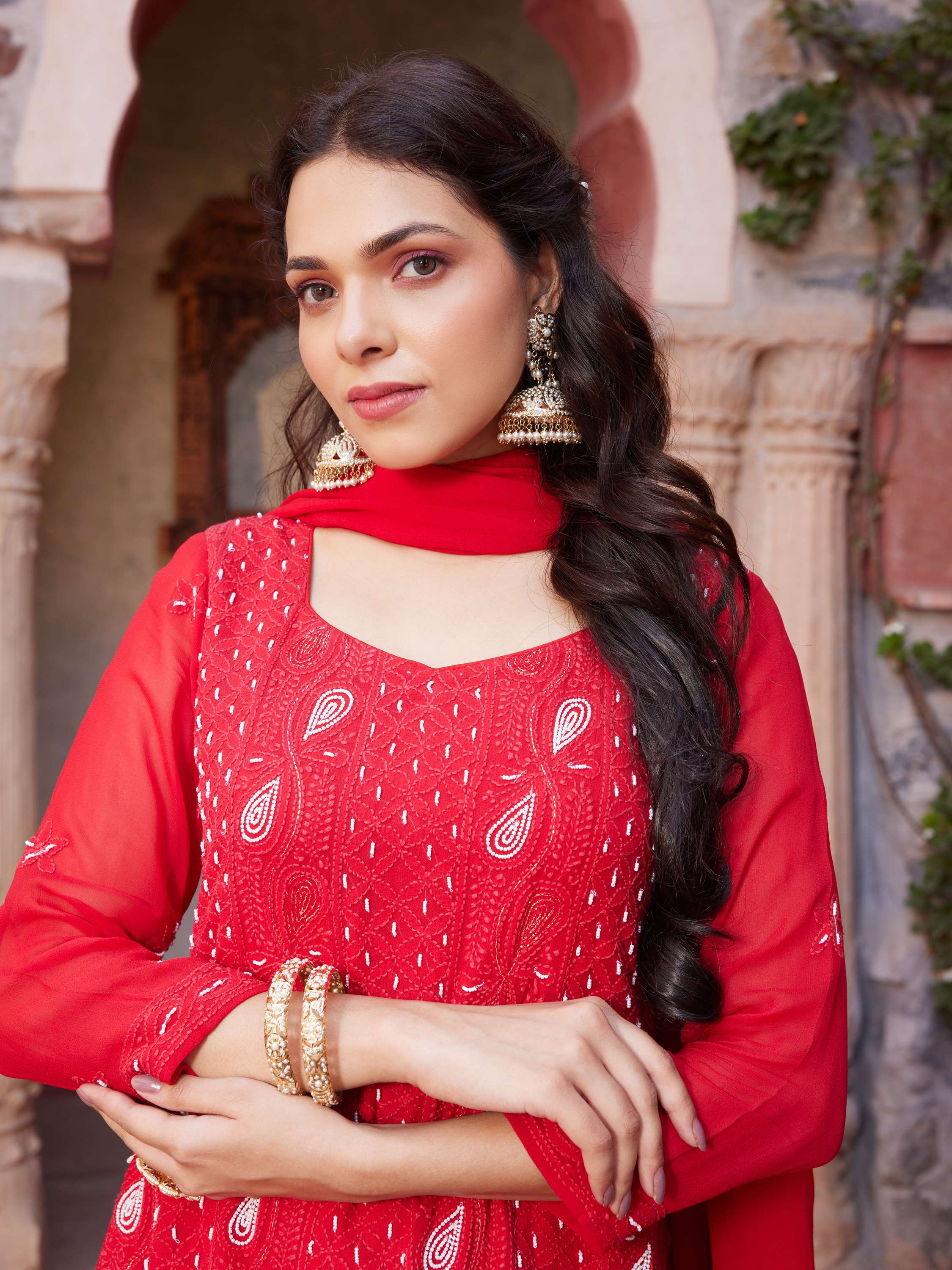 Candy Red Handcrafted Chikankari Pearl Suit