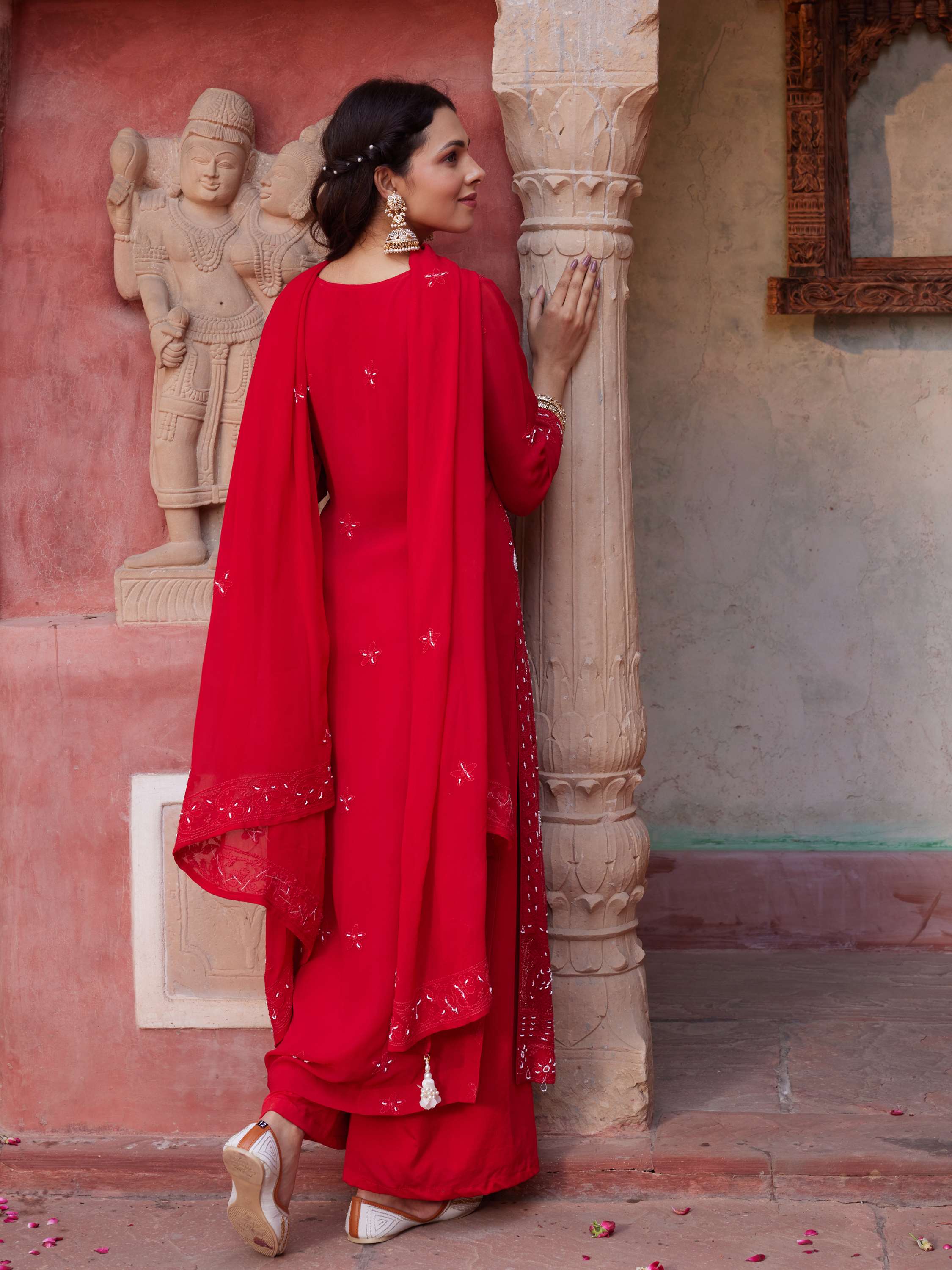 Candy Red Handcrafted Chikankari Pearl Suit