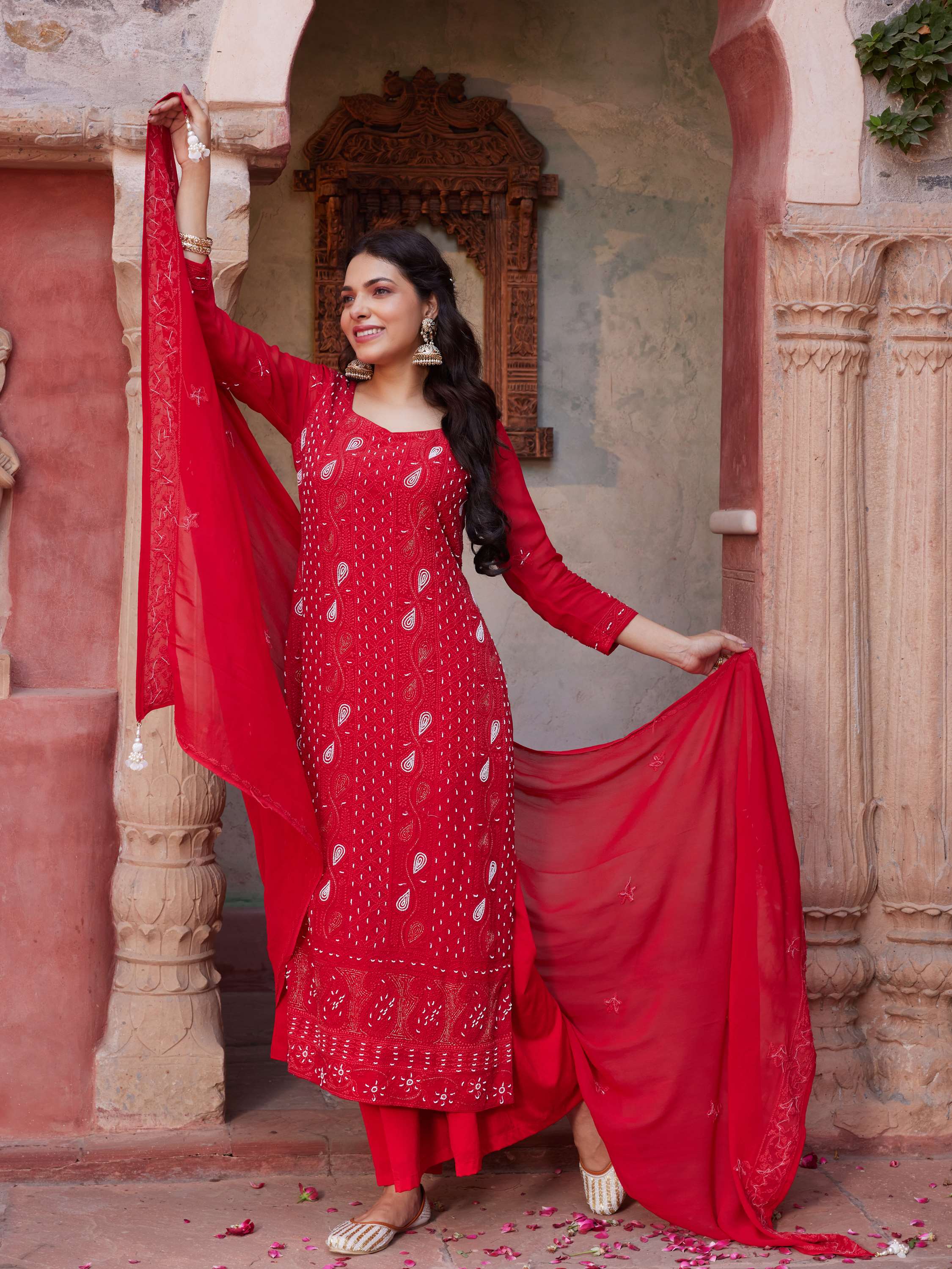 Candy Red Handcrafted Chikankari Pearl Suit