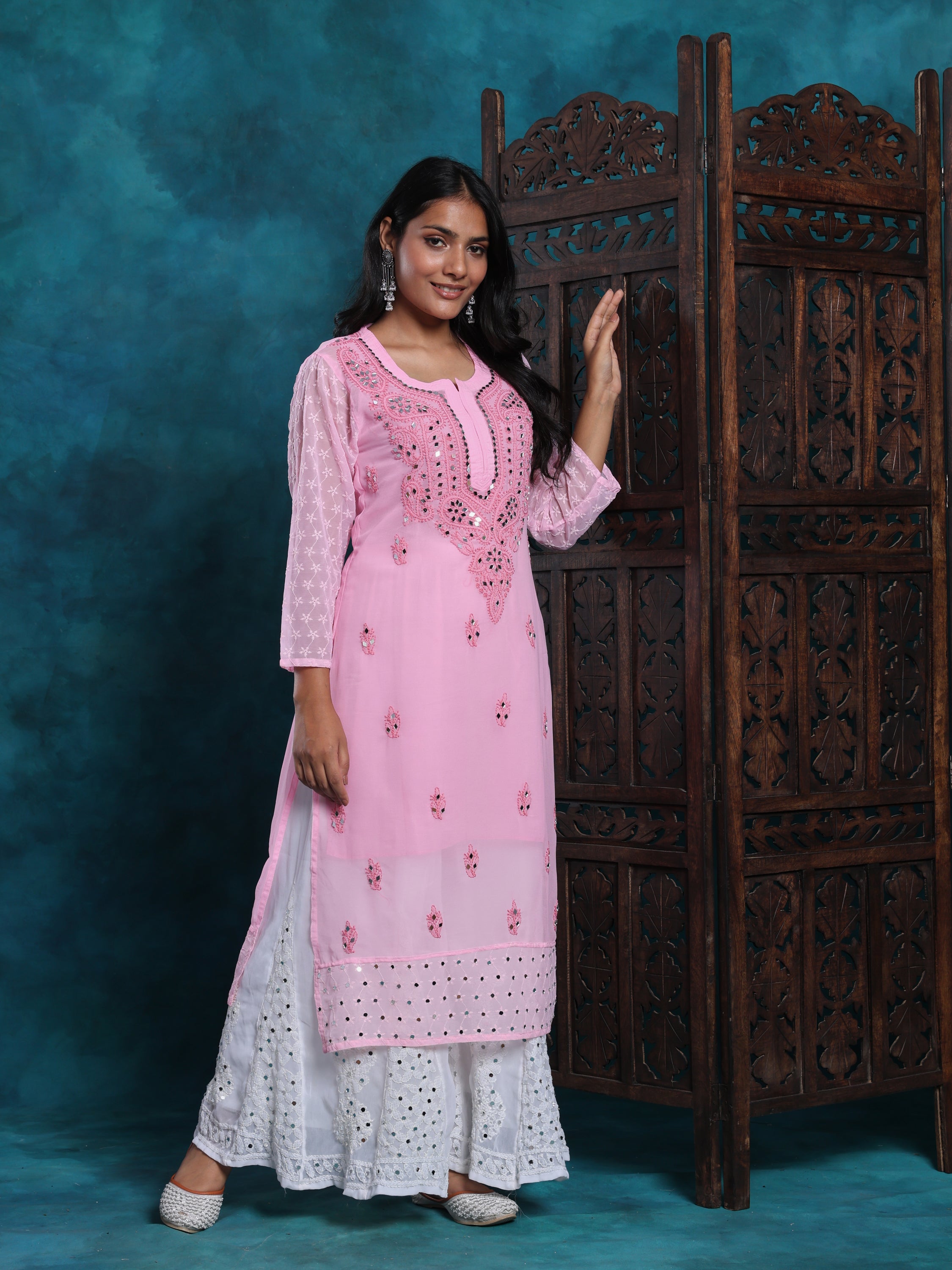 Light Pink Mirror Chikankari Handcrafted Kurta With Sharara