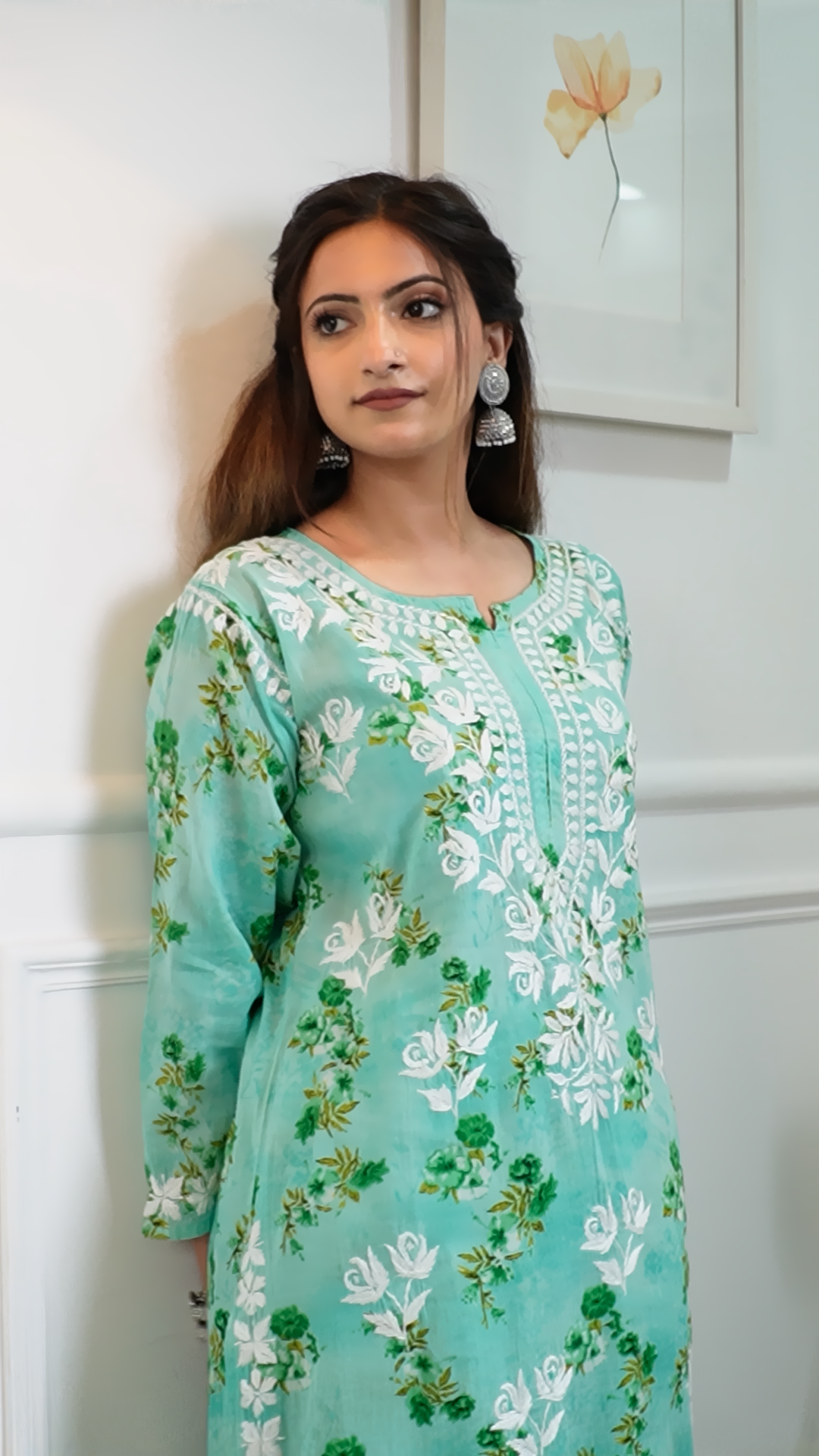Saadgi Mulmul Cotton Handcrafted Printed Sea Green Chikankari Kurti Set with Palazzo