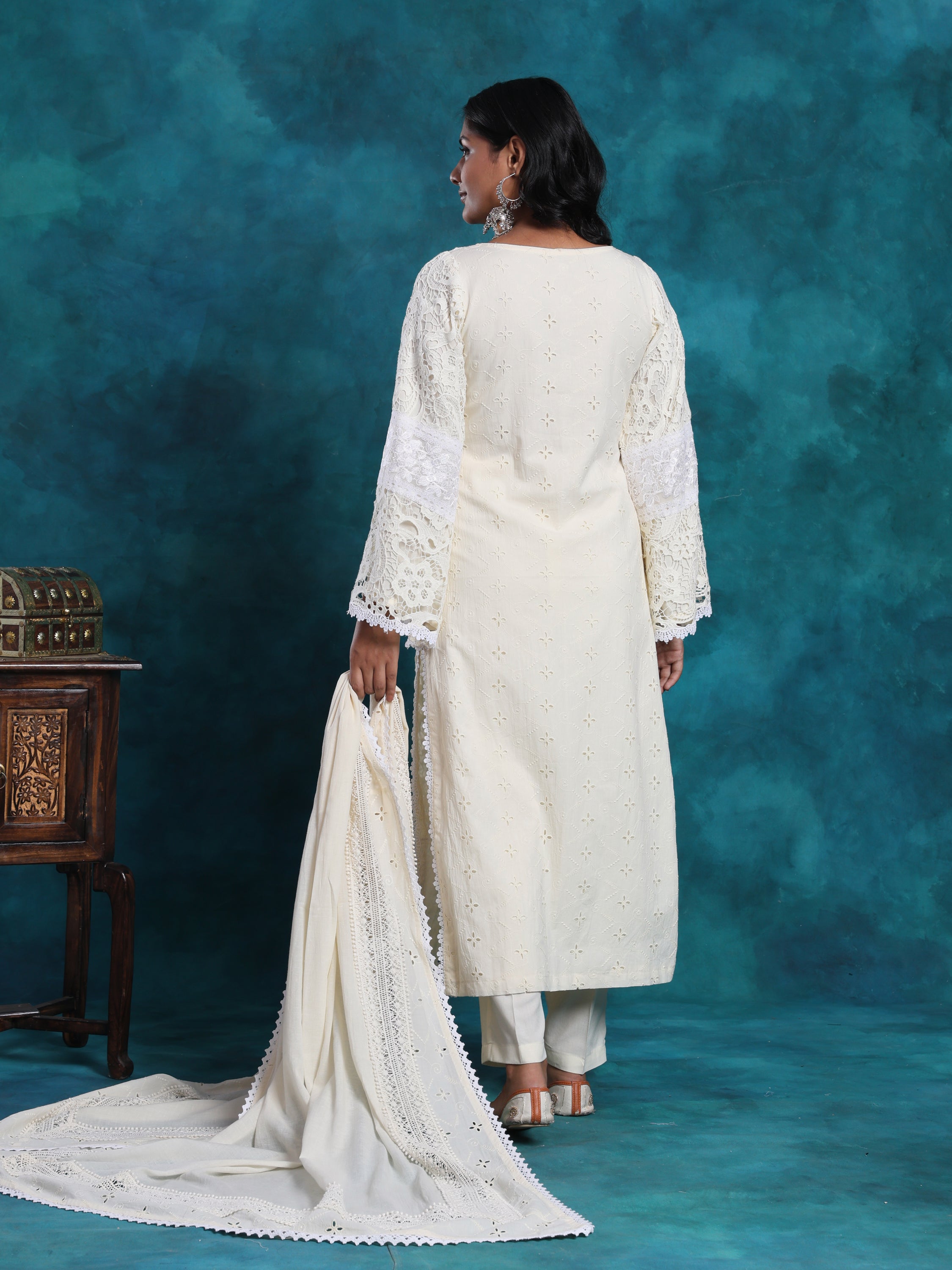 Ivory Pakistani Style Schiffly Chikan Suit In Cotton