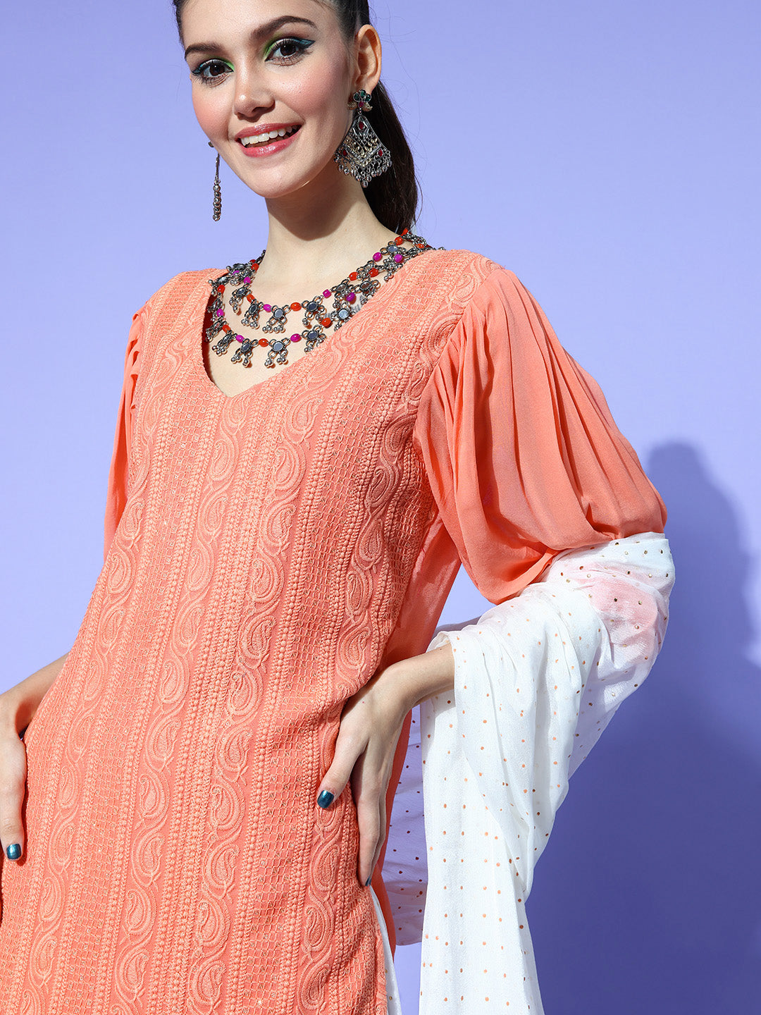 Saadgi embroidered peach premium suit set with dupatta(set of 3)