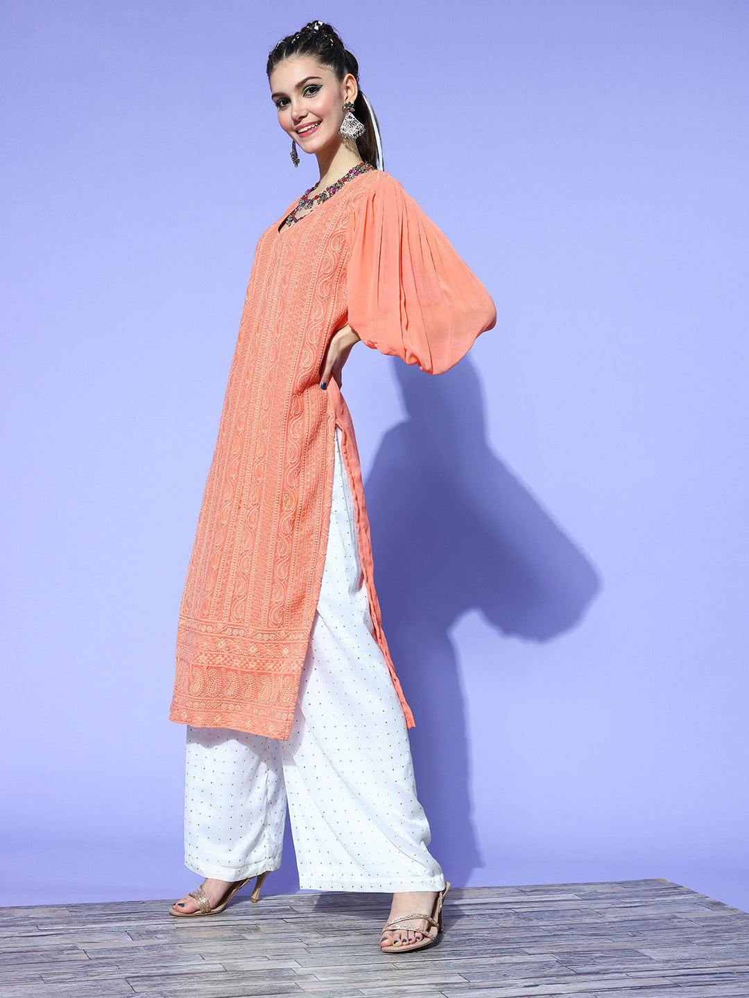 Saadgi embroidered peach premium suit set with dupatta(set of 3)