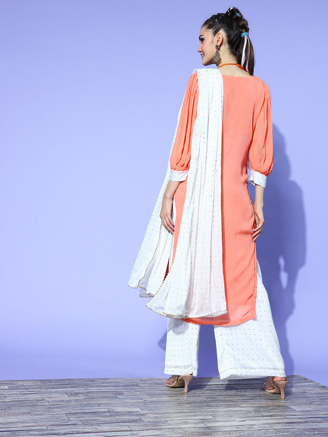 Saadgi embroidered peach premium suit set with dupatta(set of 3)