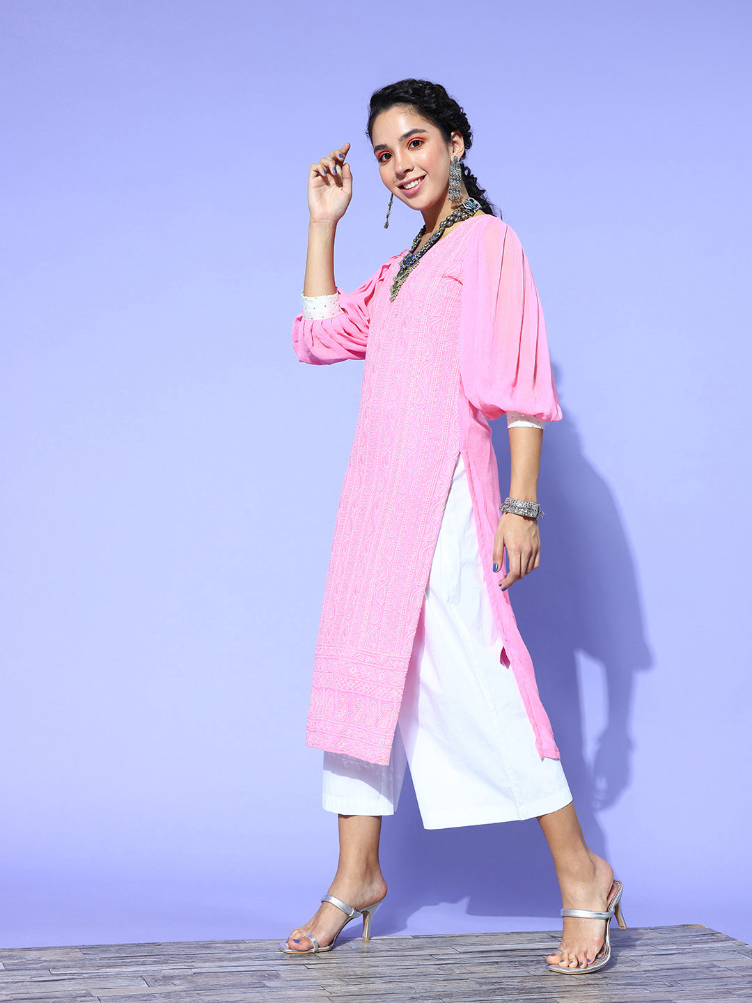 Saadgi embroidered blush pink premium suit set with dupatta(set of 3)