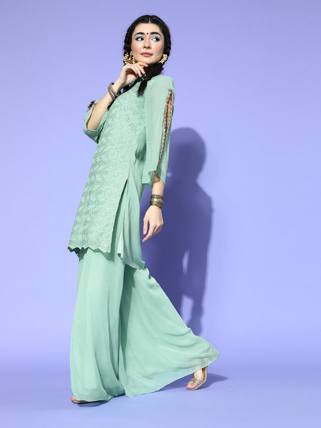 Saadgi embroidered  pistacho green premium suit set with dupatta(set of 3)