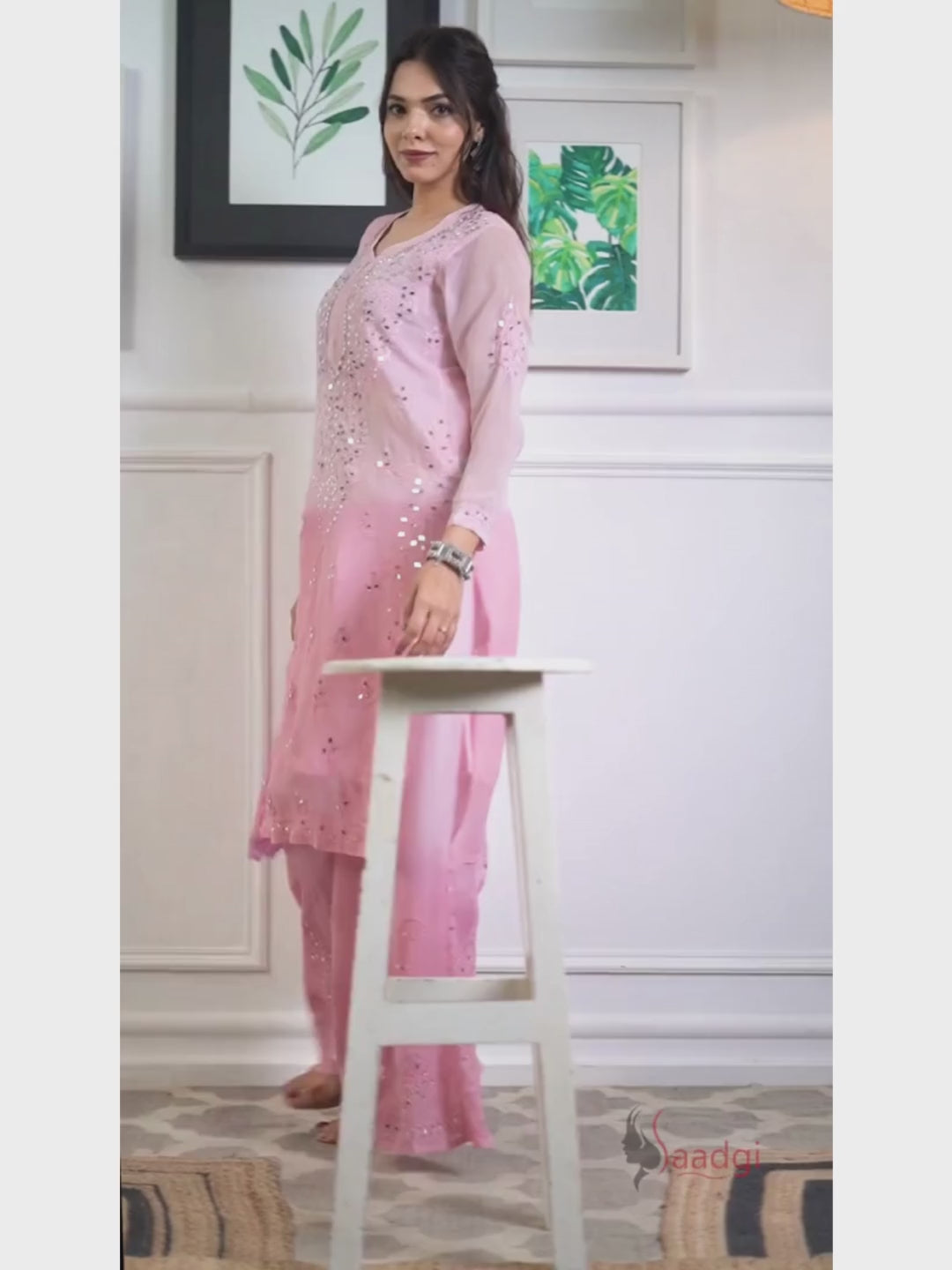 Saadgi Chikankari Handcrafted Mauve Ombre Mirror work Kurta set with Sharara and Dupatta (3 piece set with inner)-SETOMRA153