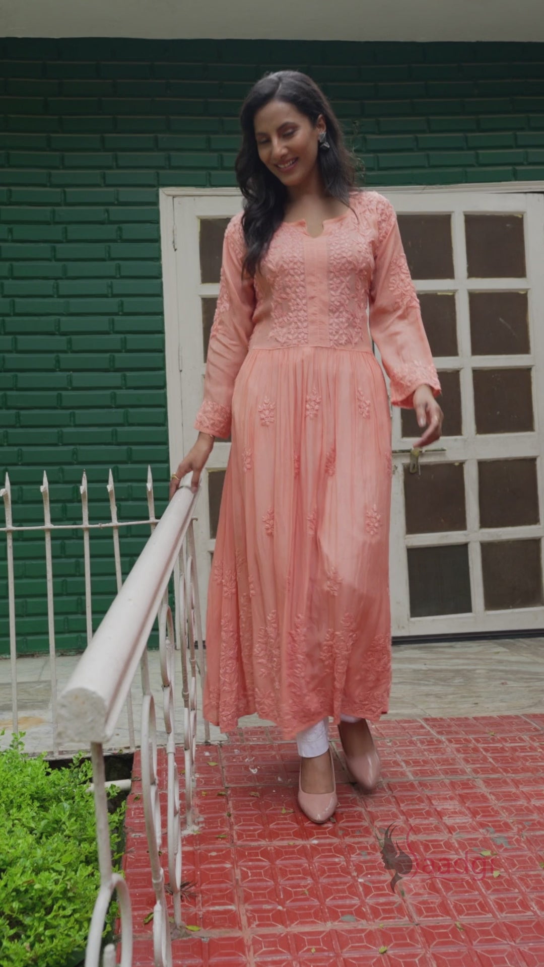 Saadgi hand embroidered chikankari pure crape peach gown kurta set