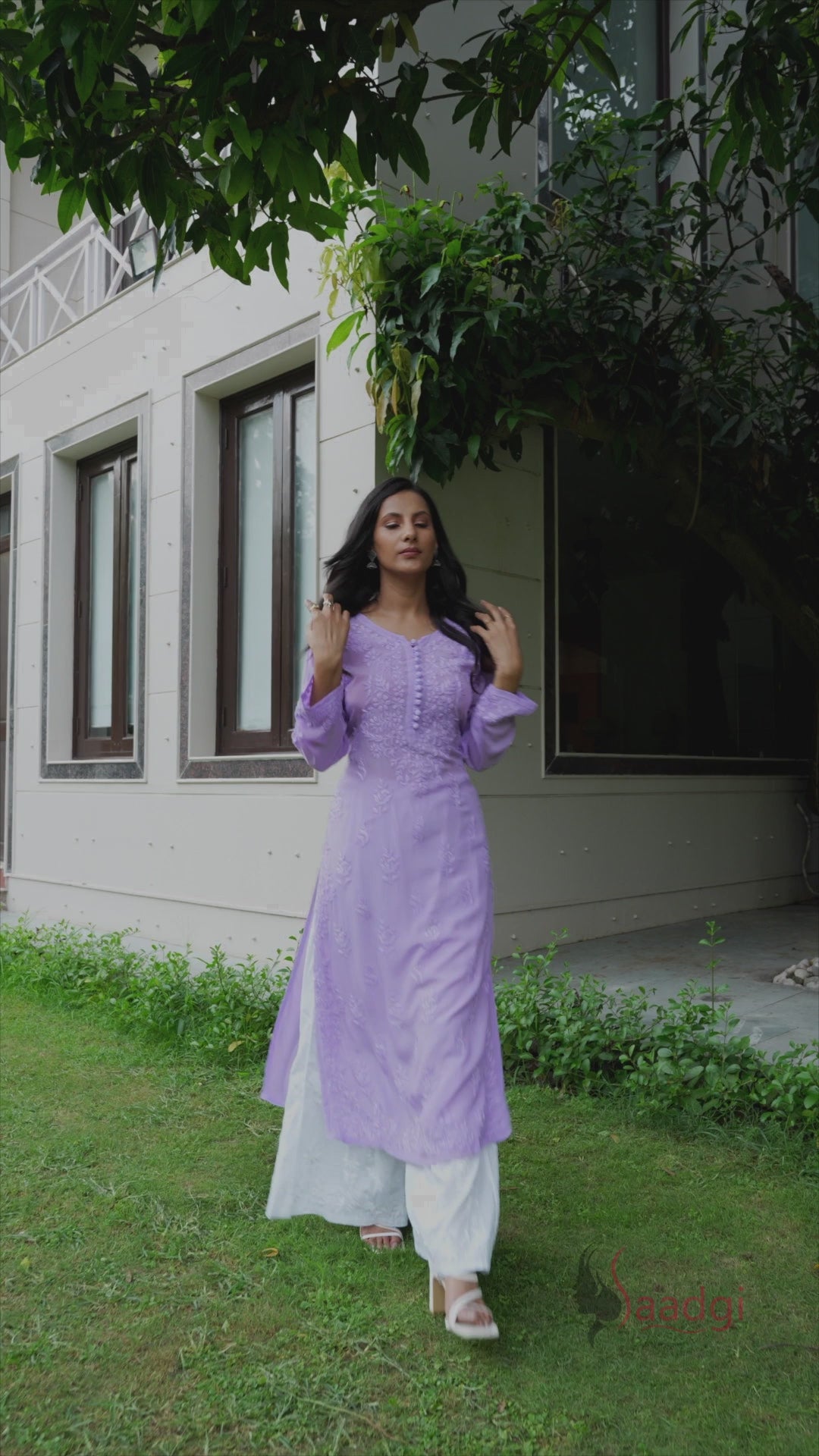 Saadgi hand embroidered chikankari pure crape lavender kurta set
