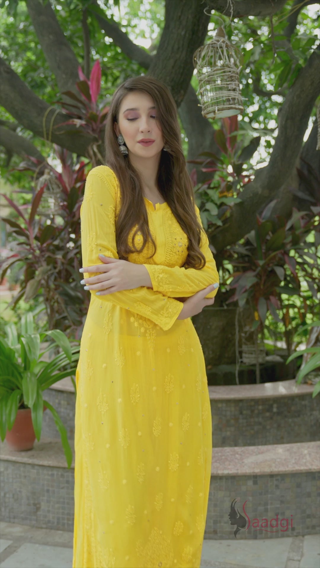 Saadgi hand embroidered chikankari yellow Mukaish rings work kurta with palazzo